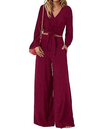 PRETTYGARDEN Women's 2 Piece Outfits 2026 Spring Fashion V Neck Long Sleeve Strappy Crop Top Wide Leg Pant Lounge Sets(Wine Red,X-Large) - Image 1