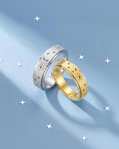 Fidget Toys Adults Anxiety Ring-Fidget Ring Women Men Stress Relief Spinner Fidget Toys Stainless Steel Band with Hollowed Sun Moon Star Sandblasted Surface 6mm Width,18K Gold/Silver Size 6-11 Unisex - Thumbnail 4