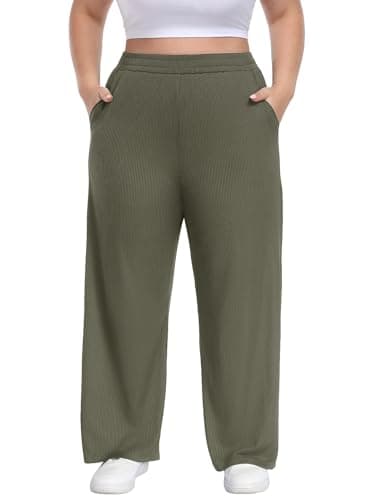 Lastshe Plus Size Wide Leg Pants for Women High Waisted Pull On Stretchy Knit Trousers Comfy Lounge Slacks,Military Green,2X - Image 1
