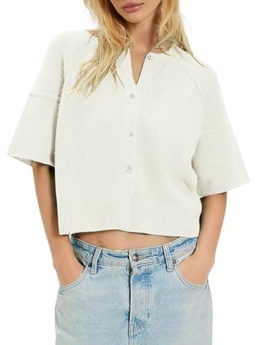 SkoinvbWomen's Short Sleeved Cardigan Sweater Round Neck Buttons Short Knit Top Cut Casual Ribbed Hem Pullover White XL - Image 1