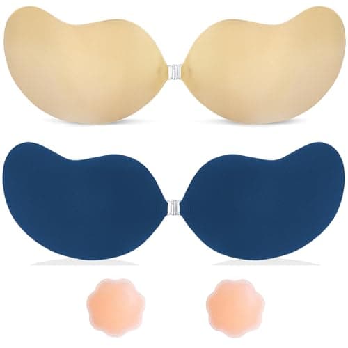 Strapless Sticky Bra Invisible Adhesive Bras with Front Clasp Silicone Stick on Ladies Push Up Seamless Reusable (US, Cup Band, B, Beige + Navy) - Image 1
