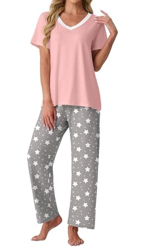 PrinStory Pajamas for Women Set Soft Pjs 2 Piece Pajama Sets Casual Pj Short Sleeve Lounge set with Pockets Gray White Star-3XL - Image 1