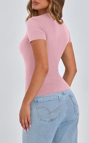 PRETTYGARDEN Women's Short Sleeve T Shirts Ribbed Knit Crew Neck Summer Tops 2025 Trendy Button Up Going Out Tight Basic Tees Y2K Clothes (Pink,L) - Thumbnail 3
