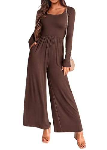 KIRUNDO Long Sleeve Jumpsuit for Women 2026 Spring Outfits Summer One Piece Square Neck Wide Leg Pants Romper With Pockets(Coffee, Small) - Image 1