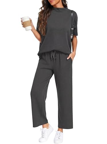 PrinStory Womens Lounge Set Summer 2 Piece Outfits Pullover Top and Wide Leg Pants Matching Sets 2026 Dark Gray-M - Image 1