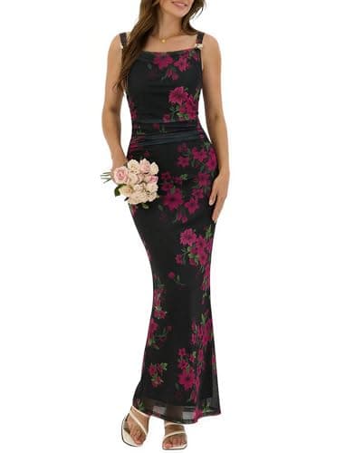 ZAFUL Pink Flower Dress Wedding Guest Dress for Women's Sexy Dress Formal Sleeveless Mesh Ruched Bodycon Maxi Party Long Dresses Sexy