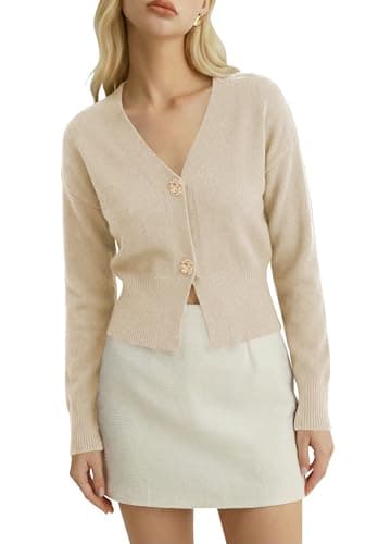Women’s Button Down Cropped Sweater Lightweight V Neck Knit Cardigan for Spring Outfits & Workwear Beige M - Image 1