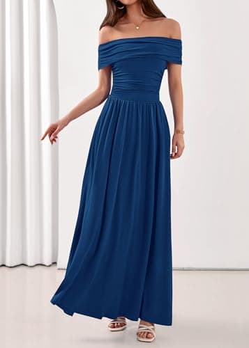 KIRUNDO Cocktail Dresses for Women 2026 Summer Off The Shoulder Ruched Pleated Long Flowy Formal Party Maxi Dresses Pockets(Navy, Large) - Thumbnail 6