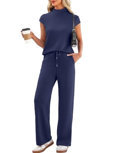 Casly Lamiit Womens Two Piece Sets Summer Mock Neck Airport Travel Outfits Matching Pants Set Casual Beach Outfit Lounge Beach Wear Navy Blue M - Image 1