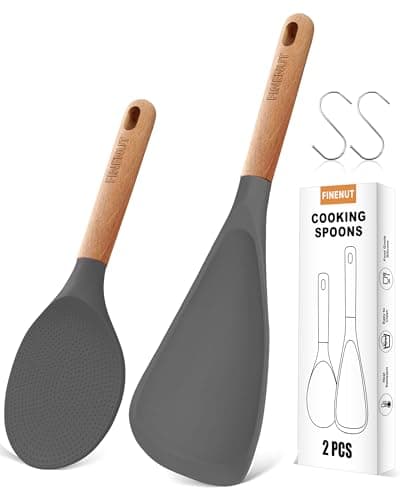FINENUT Cooking Spoon Multifunction Spoonula Silicone Spatula Spoon 2-Pack, Dual-Use Heat Resistant 446°F, BPA-Free Non-Toxic Wooden Handle Rice Spoon Set for Non-Stick Cookware & Rice Cookers (Gray) - Image 1
