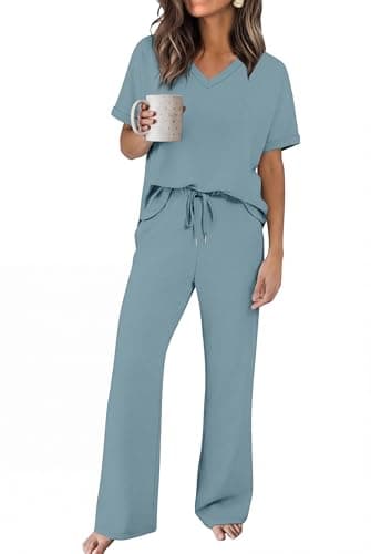 Sampeel 2 piece Sets for Women Summer Oversized Cruise Outfits V Neck Short Sleeve Long Wide Leg Pants Matching Sets Comfy Loungewear Fashion Beach Vacation Clothes Lake Blue XL - Image 1