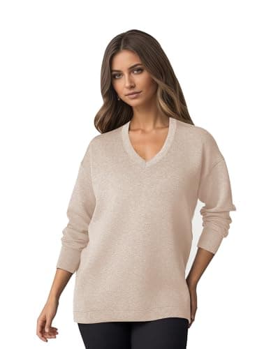 COCOMARTS Womens V Neck Sweatshirts Long Sleeve Casual Shirts Pullover Comfy Tunic Tops 2025 Fall Fashion Outfits Clothes Apricot Small - Thumbnail 4