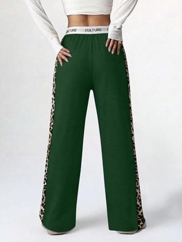 PEFYERVERY Women Baggy Pants Leopard Print Block Side Teen Straight Leg Open Bottom Sweatpants Y2K Elastic Waistband Lightweight Green M - Thumbnail 2
