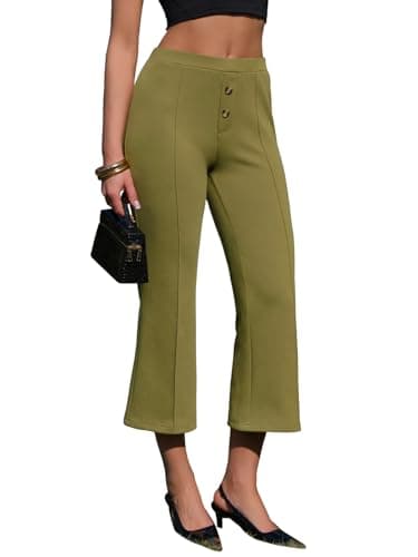 EXLURA Women's Stretchy Work Capri Pants Elastic Waist Business Casual Flare Cropped Trousers Cotton Yoga Leggings Pockets Green - Image 1