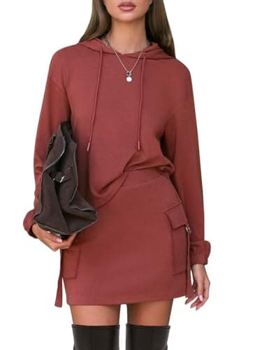 EXLURA Women Two Piece Set Cotton Sweatsuit Travel Airport Outfits 2026 Tracksuit Hooded Sweatshirt Cargo Skort Skirt Pockets - Image 1