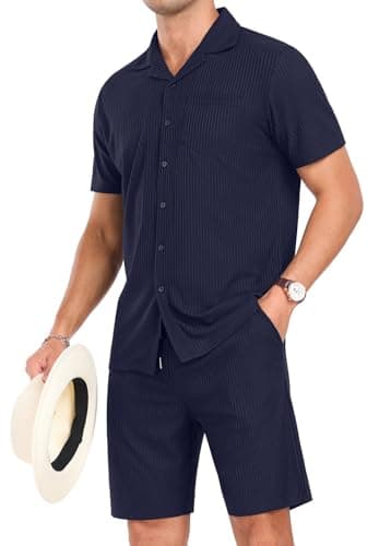 PrinStory Mens Short Sleeve Outfits 2 Piece Summer Beach Button Down Shirts and Shorts Set Tracksuit with Pockets Navy Blue-2XL - Image 1