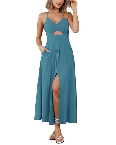 BTFBM Women 2026 Spaghetti Strap Midi Summer Dresses Sleeveless V Neck Cutout Slit Casual Beach Party Maxi Dress Pockets(Lake Blue, Large) - Image 1