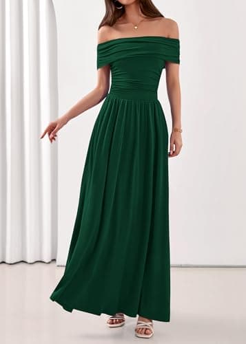 KIRUNDO Cocktail Dresses for Women 2026 Summer Off The Shoulder Ruched Pleated Long Flowy Formal Party Maxi Dresses Pockets(Dark Green, Medium) - Thumbnail 6