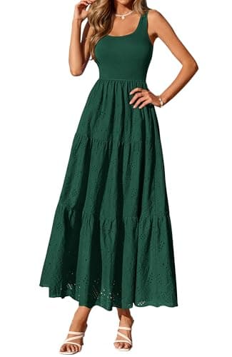 BTFBM Women Summer Eyelet Midi Dresses Casual Spring 2026 Sleeveless A Line Flowy Vacation Beach Wedding Guest Sun Dress(Dark Green, XX-Large) - Image 1