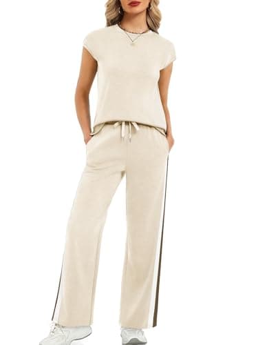 Casly Lamiit Women's 2 Piece Pant Sets Crewneck Pullover Wide Leg Sweatpants Summer Beach Travel Vacation Matching Clothes Country Concert Resort Wear Striped Outfits Beige XS - Thumbnail 2