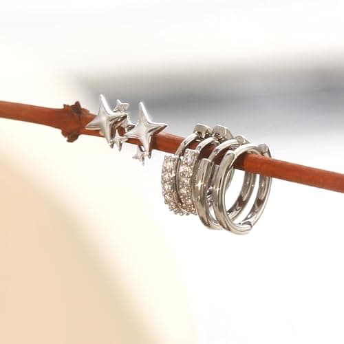 Small Gold Hoop Earrings for Women Dainty Gold Earrings| 14K Gold Plated Hypoallergenic Stud earrings Set| Cartilage Earrings for Multiple Piercing for Women (09-Silver-classic) - Thumbnail 3