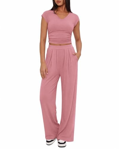 BTFBM Womens 2 Piece Outfits Spring 2026 V Neck Cap Sleeve Ruched Top Wide Leg Pants Sets Rib Knit Lounge Matching Set(Dusty Pink, Large) - Image 1
