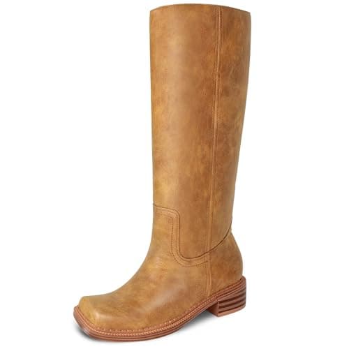 LeunDen Khahi Banana Knee-High Boots for Women, Tall Riding Boots with Square Toe Low Chunky Heel Faux Leather Pull-On Campus Long Boots Size 8 - Image 1