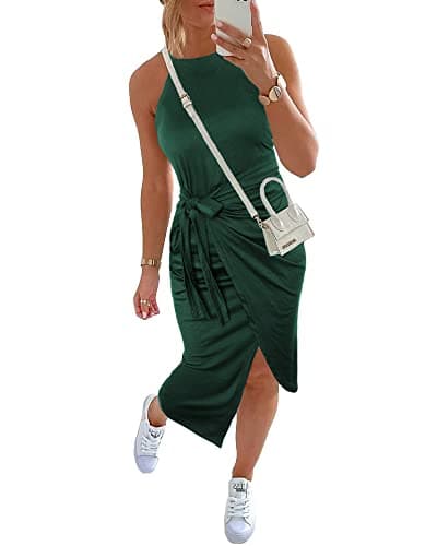 NOLLSOM Women Casual Sleeveless Striped Tank Midi Dresses Halter Neck Ruched Bodycon DressesTie Waist T Shirt Summer Dress (X-Large, Solid Dark Green) - Image 1