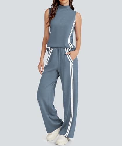 Casly Lamiit Lounge Wear for Women 2 Piece Set Travel Outfits Casual Sweat Suit Track Activewear Mock Neck Sleeveless Top Wide Leg Pants Grey Blue S - Thumbnail 4