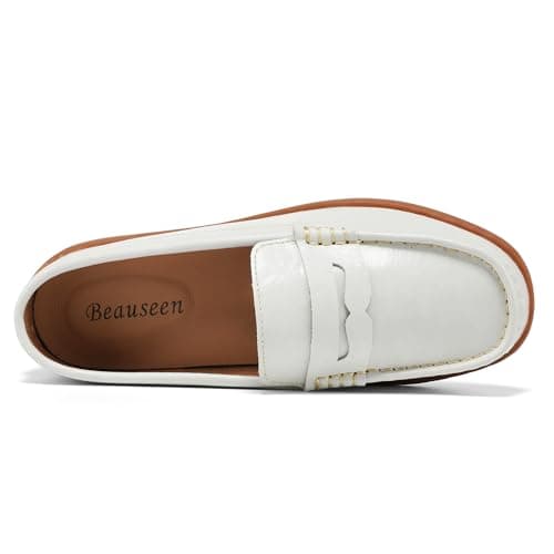 BEAUSEEN Women's Classic Handsewn Penny Loafers - Casual Slip On Moccasin Driving Shoes Lightweight Walking Flats Comfort Women Loafer Shoes, White, 10.5 US - Thumbnail 4