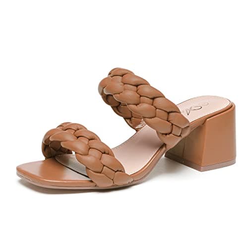 Athlefit Women's Braided Heels Sandals Square Open Toe Woven Chunky Block Low Heeled Tan Size 9 - Image 1