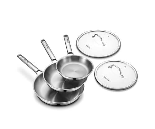 VEDNHOL Stainless Steel Frying Pan Set with Lids 8"&10"&12",8 Inch Skillet+10&12 Inch Stainless Steel Pans with Lids,Frying Pan,Tri-Ply,PFOA&PTFE Free,Dishwasher&Oven Safe,Induction Compatible - Image 1