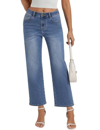 Belle Poque Women Light Blue Wide Leg Jeans Stretchy Mid Rise Straight Leg Jeans with Pockets (Light Blue, 14) - Image 1