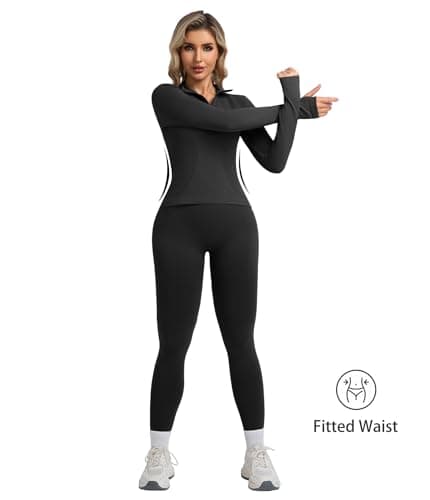 YOAKUKA Womens 2 Piece Workout Sets Quarter Zip Pullover High Waist Butt Lifting Leggings Seamless Yoga Outfits Gym Sets - Thumbnail 2