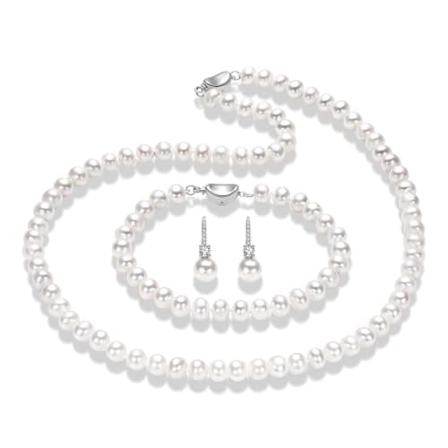 COYATE Freshwater Pearl Necklace Set Includes Bracelet and Earrings 7-9mm Genuine Pearl Set Jewelry for Women Gift for Mother's Day, Anniversary, Birthday, Valentine's Day, Wedding - Image 1