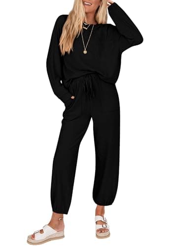 KIRUNDO Lounge Sets for Women 2026 Spring Airport Travel Outfits Ribbed Knit Tops Jogger Pants Tracksuit Postpartum Comfy Set(Black, X-Large) - Image 1