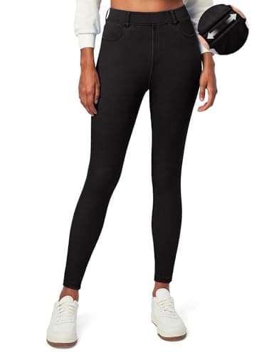 IUGA Stretchy Jeans for Women High Waist Pull on Jeggings Tummy Control Skinny Sweatpant Jean Leggings with Pockets Trendy(Black, Large) - Image 1