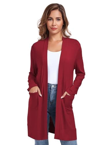 TownCat Womens Lightweight Cardigan with Pocket, Long Sleeve Open Front Casual Loose Cardigan for Women (WineRed1, X-Large) - Image 1