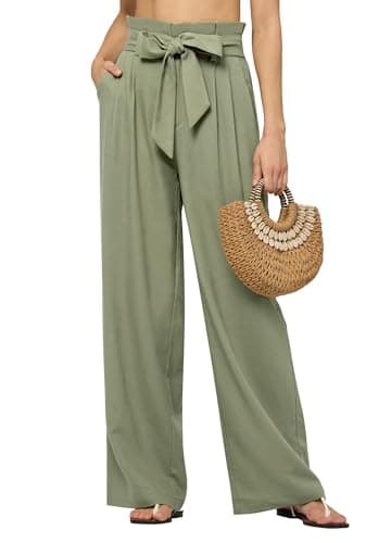AVICHIC Women Linen Pants 2025 Paperbag Wide Leg Dress Pants High Waisted Work Slacks Tie Knot Trousers with Pockets 32" Sage Green L - Image 1