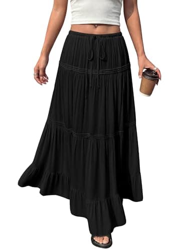 BTFBM Spring Skirts for Women 2026 Summer Boho Beach Vacation Clothes Casual Pleated High Waisted Flowy Maxi Skirt(Black, X-Large) - Image 1