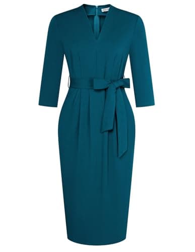 GRACE KARIN Women's Wear to Work Dresses V Neck 3/4 Sleeve Dress for Women Peacock Blue Cocktail Dress Semi Formal Dresses for Women with Belt S - Image 1