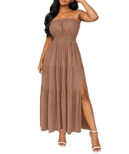 ABKY Off The Shoulder Dress Summer Strapless Tube Top Dresses Long Flowy A Line Side Slit Vacation Beach Holiday Party Outfit Khaki L - Image 1