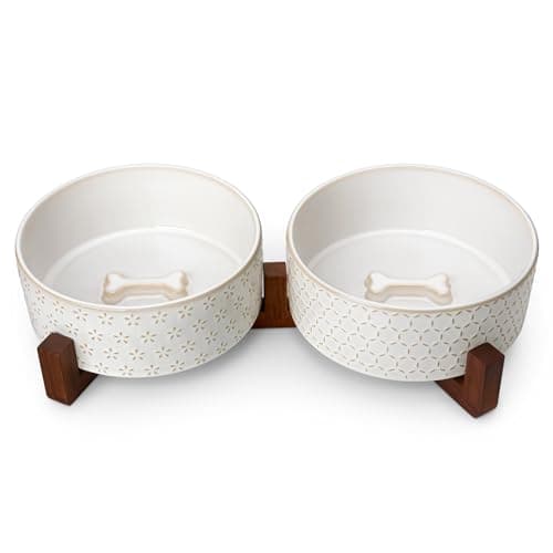 MALACASA Dog Bowl Set with Walnut Wood Stand, 6 Cups Ceramic Pet Bowls for Puppy Dogs, Dual Food and Water Bowls with Non-Slip Base, Basic Bowls for Your Dog, Five-Leaf Grass & Honeycomb - Image 1