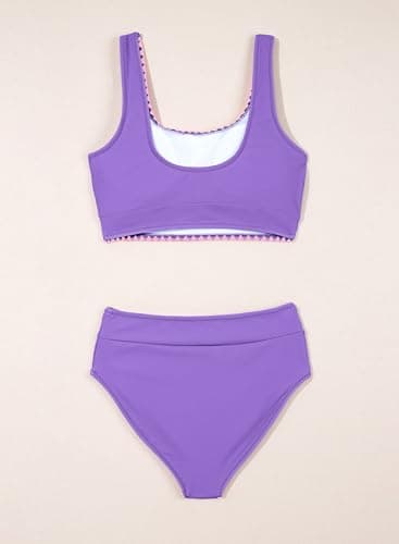 DOKOTOO KIDS Girls Swimsuit Tween Girl Bikini Set Kid 2 Piece High Waist Bathing Suit Junior Padded Swimming Summer Beach Holiday Padding Beach Swim Tops Bottoms Deep Purple Size 10 11 Years Old - Thumbnail 3