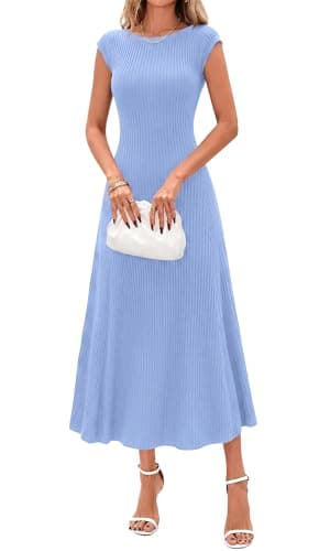 BTFBM Womens Spring Dresses 2026 Asymmetrical Neck Short Sleeve Pleated Swing Knit Midi Dress Business Casual(Light Blue, XX-Large) - Image 1