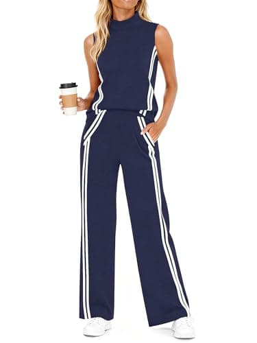 Casly Lamiit Two Piece Lounge Sets for Women Travel Outfits Casual Track Suit Sleeveless Tops Wide Leg Pant Summer Tennis Set Activewear Navy Blue XS - Image 1