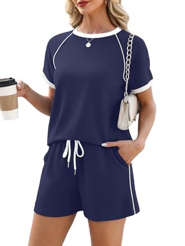 Casly Lamiit Two Piece Outfits for Women Summer Lounge Sets Short Sleeve Pullover Tops Airport Shorts Spring Beach Travel Clothes Navy Blue L - Image 1