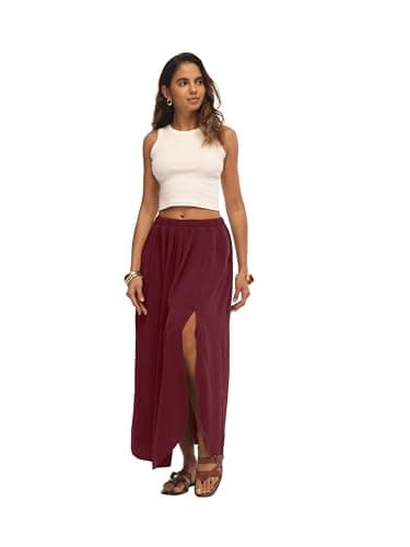 HiMONE Womens Elegant Maxi Skirt High Waisted Pleated Flowy Skirt with Side Slit for Church Office 2026 Wine Red - Thumbnail 5