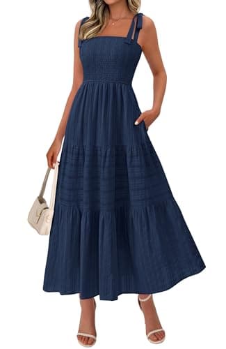 BTFBM Women's 2026 Spring Boho Spaghetti Strap Dress Casual Sleeveless Smocked A Line Beach Sundress Long Maxi Dresses(Navy Blue, X-Large) - Image 1