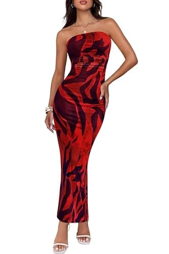 BTFBM Women Summer Strapless Maxi Dress 2026 Bodycon Floral Long Wedding Guest Dress Formal Tube Mesh Cocktail Dresses(Floral Red, Large) - Image 1